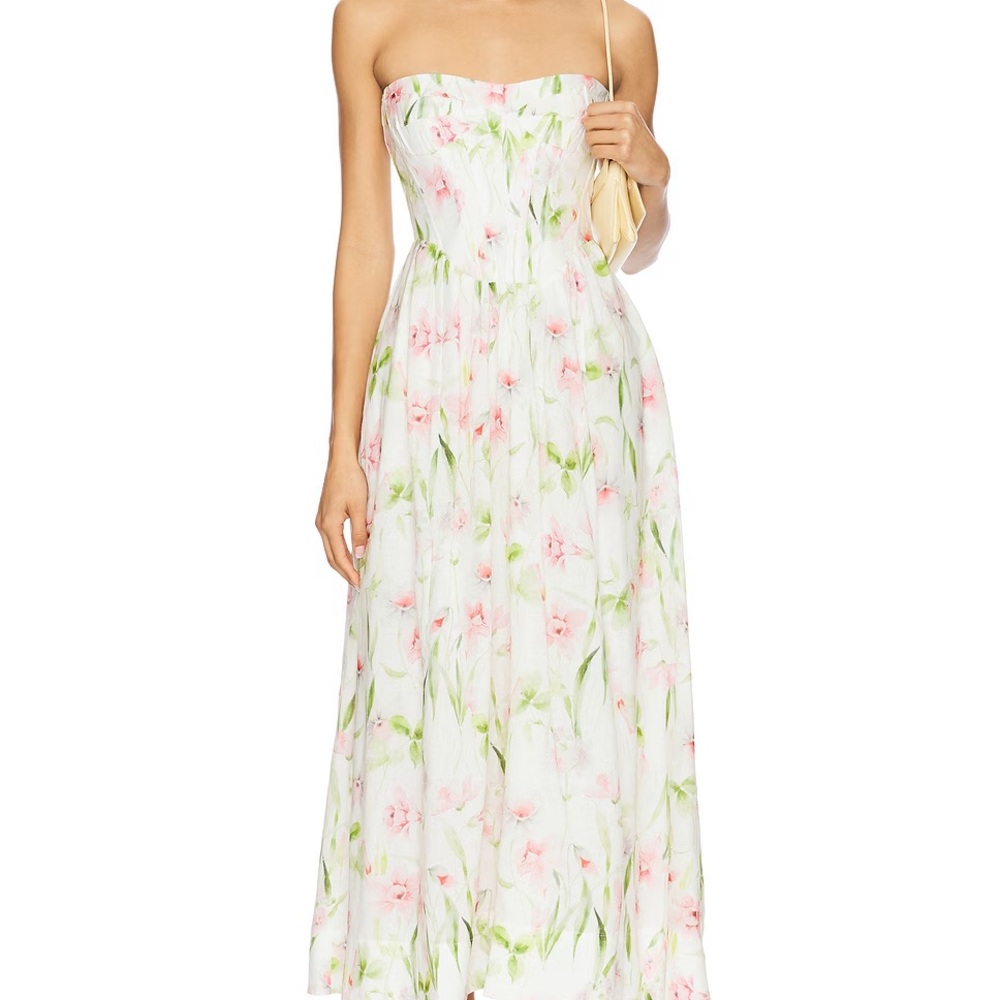 Bardot White and Pink Strapless Sundress for Wedding Guest
